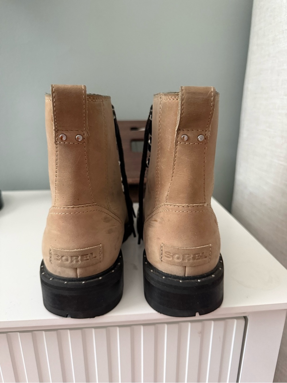 Sorel Tan Lace-Up Combat Boots with Black Lug Sole - Picture 4 of 5
